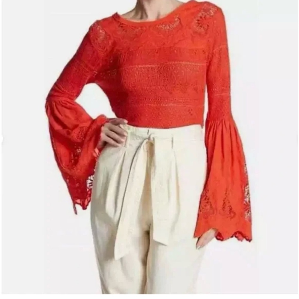 Free People Once Upon A Time Top – Red/Orange Lace Bell Sleeve Blouse - Picture 15 of 15